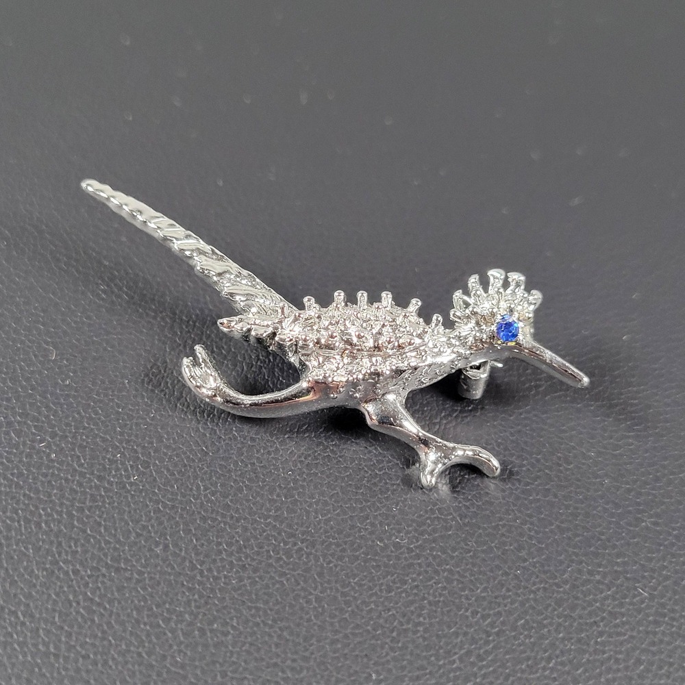 Roadrunner Brooch Blue Stone Eye Southwestern Style Pin Silver Tone Jewelry